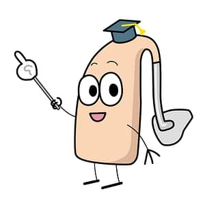 Hearing aid character with university graduate cap using a hand finger pointer against white background with smiling expression