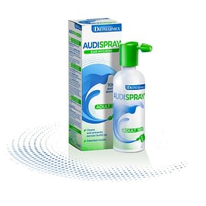 Audiospray ear wax spray on white background showing product as well as packaging