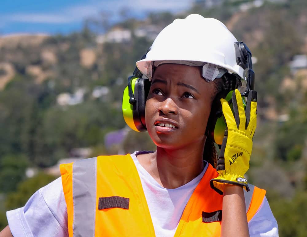 Construction worker wearing hearing protection