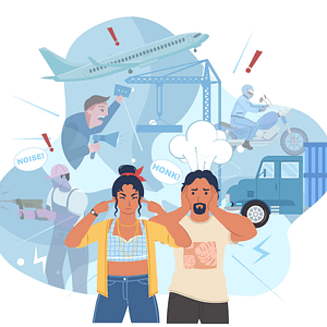 Graphic showcasing various sources of noise pollution with a woman and a man at the front, covering their ears with their hands.