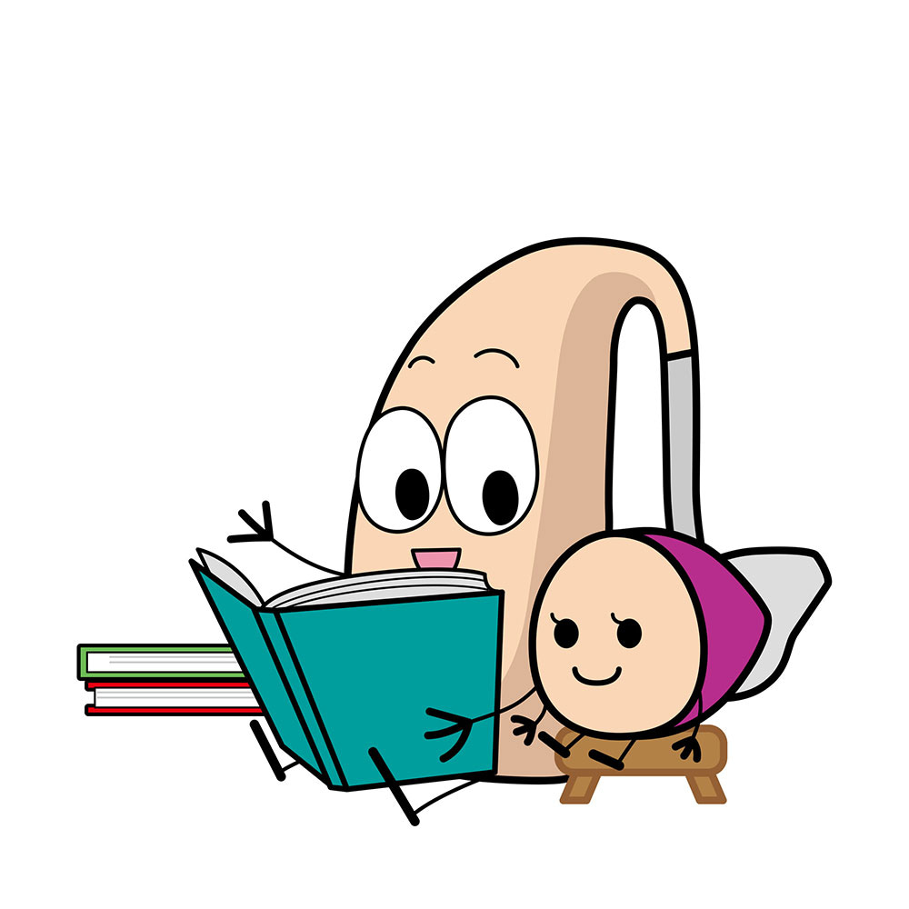 Two hearing aid characters sitting down reading a book with the taller hearing aid reading to the smaller hearing aid
