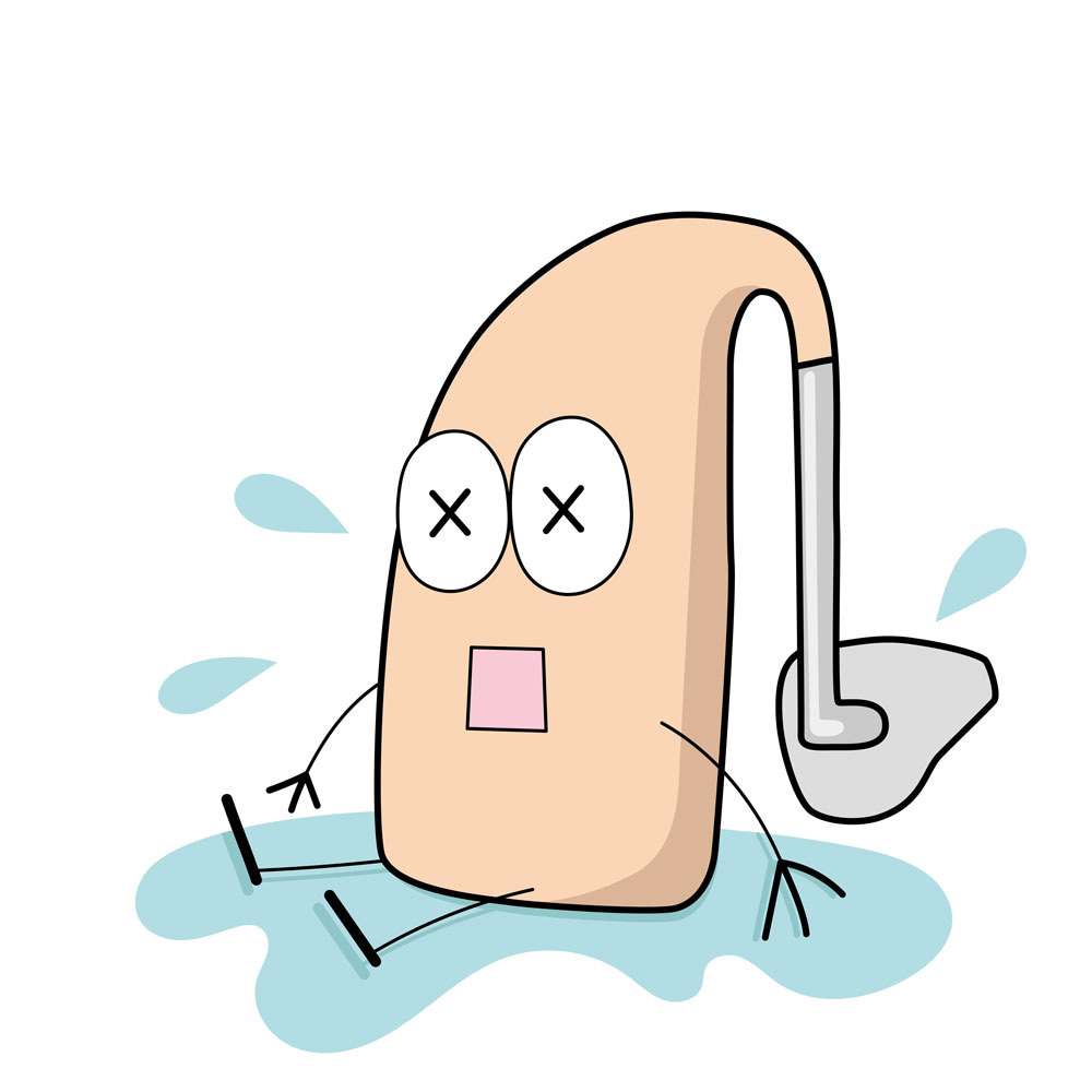 Drawing of an anthropomorphic hearing aid drowning in humidity
