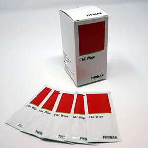 Red Phonak C&C wipes laid out on white background
