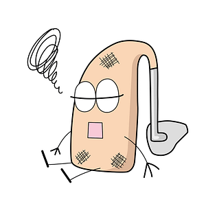 Hearing Aid Character looking exhausted with sigh squiggles