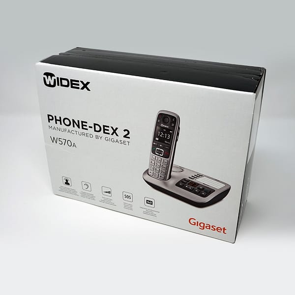 Image of widex phone dex 2 packaging box on white background