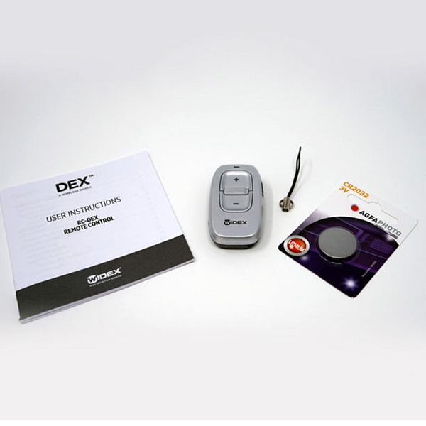 Widex RC-DEX remote control alongside instructions
