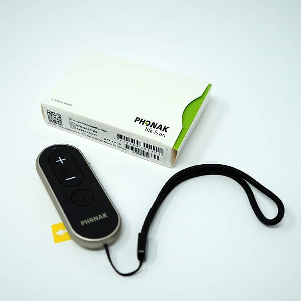 Phonak remote control with box and safety strip